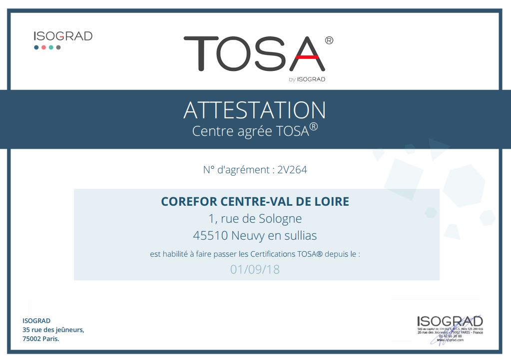 Attestation-Centre agrée TOSA-Agrément 2V264-Corefor Centre-Val de Loire