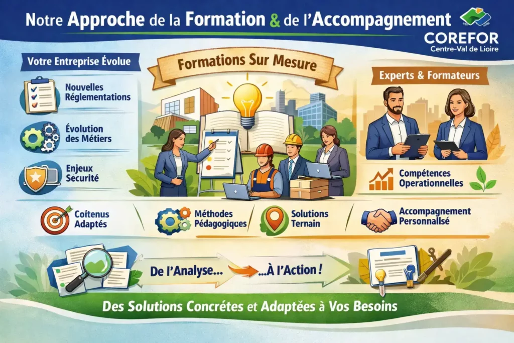 Infographie de Corefor Centre‑Val de Loire présentant « Notre approche de la Formation et de l’Accompagnement ». Le visuel montre une entreprise en mouvement avec des pictogrammes de réglementations, évolution des métiers et enjeux de sécurité. Au centre, une scène de formation sur mesure : un livre ouvert avec une ampoule, un tableau de suivi et une équipe composée d’une formatrice, d’un salarié en casque et d’un responsable, symbolisant l’adaptation des contenus, des méthodes pédagogiques et des situations d’apprentissage au contexte professionnel. À droite, deux experts illustrent l’expérience terrain et l’accompagnement personnalisé. En bas, un chemin « De l’analyse… à l’action » représente les étapes du projet de formation et la montée en compétences directement applicable au quotidien. Palette bleu‑vert‑ocre, style épuré et institutionnel.